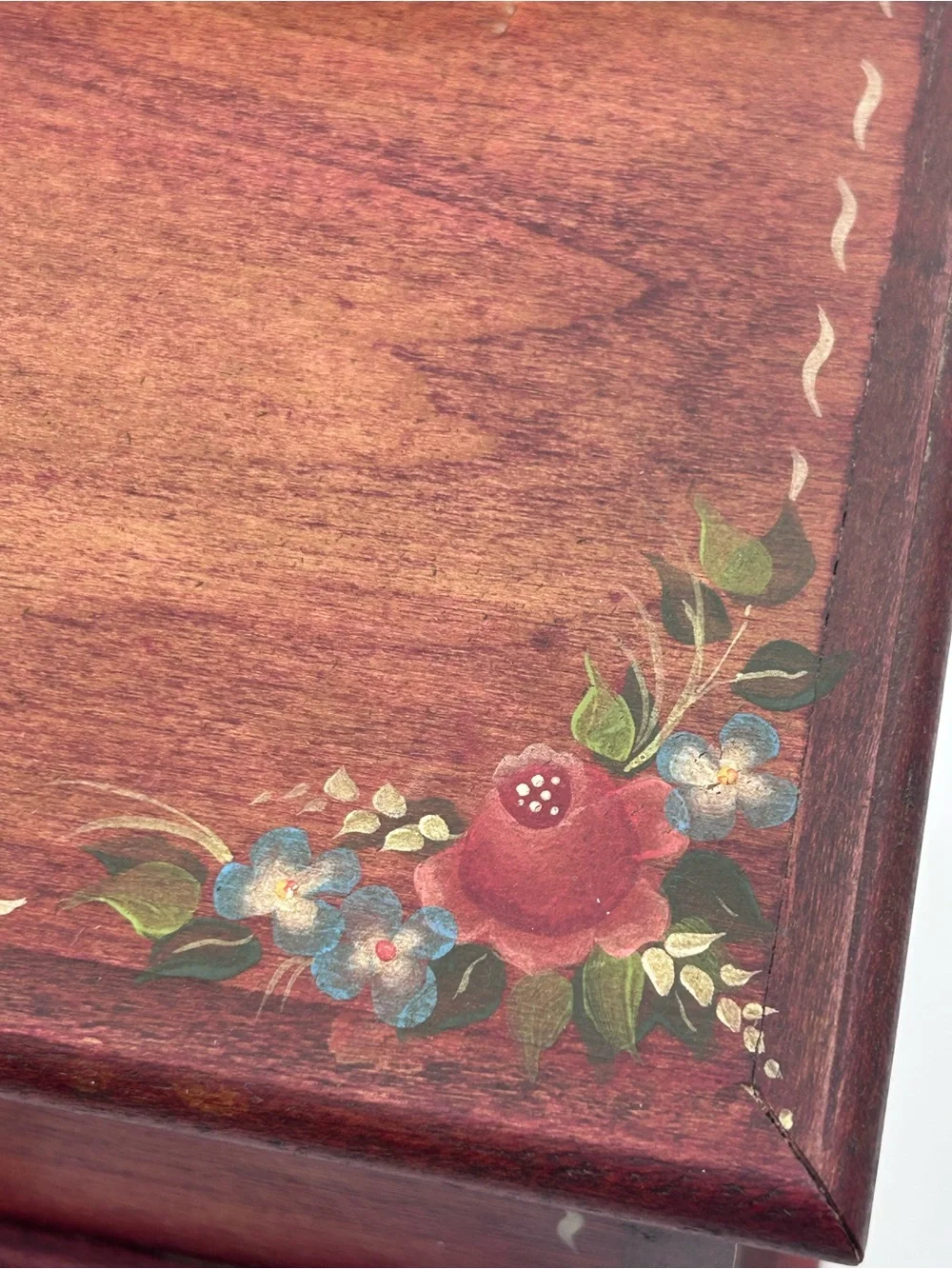 Vintage 80s Solid Wooden Folk Art Hand Painted Lidded Storage Box Hand Painted